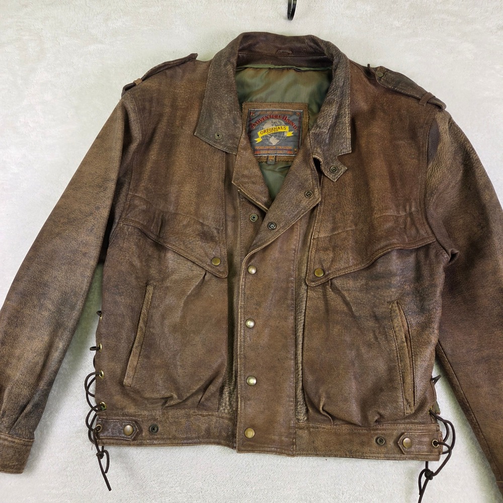 Adventure Bound Originals Mens Brown Leather Bomber Jacket Lace Up Sides Large